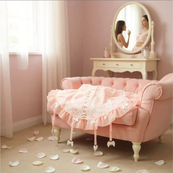 Sugar Thrillz Peach Ruffled Lace Skirt W/ Garters & Vintage Charm – NWT - Picture 3 of 4